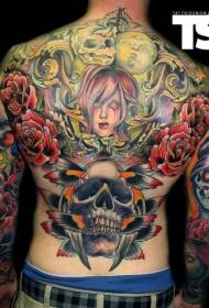 back multicolored creepy monster and skull tattoo tattoo pattern