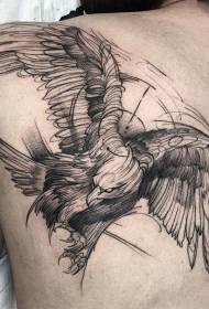 modèle de tatouage corbeau noir style gravure dos