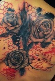 terug new school rose bloem met zeshoekig geometrisch tattoo-patroon