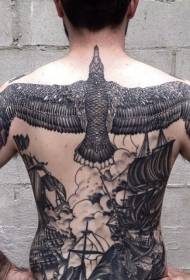 male back black big bird and sailing tattoo pattern