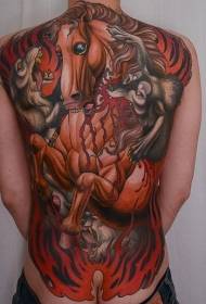 背部彩色血腥狼攻擊馬紋身圖案