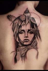 back sketch style black pricked woman face with crow tattoo pattern