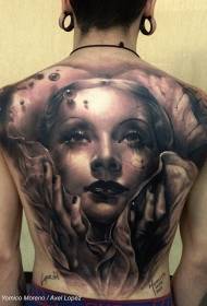 nugaros juodos pilkos paslaptingos moters portretas su parašo tatuiruotės modeliu