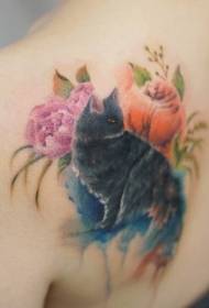 назад боја убава мачка и цвет шема на тетоважи