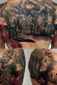 malantaŭa realisma stilo koloro WWII piloto kaj aviadila tatuaje ŝablono