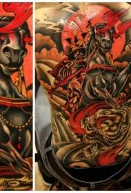 samurai demone colorato stile illustrazione posteriore con motivo tatuaggio tigre