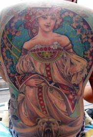 Plecy ogromny wielokolorowy ładny portret kobiety tatuaż wzór