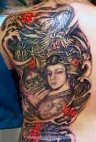 malantaŭa pejzaĝo de pitoreska geisha kaj drako-demono-tatuaje