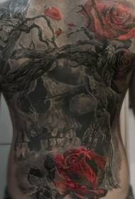 nugaros spalvos rožės ir didelės medžio kaukolės tatuiruotės raštas