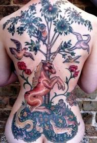 Daudzkrāsaini fantāzijas dzīvnieku tetovējuma zīmējumi aizmugurē