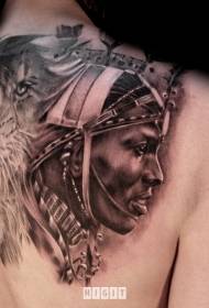 zurück realistischen Stil schwarz grau Stamm Mensch und Löwe Tattoo-Muster