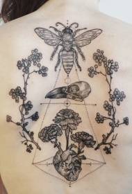 terug zwarte lijn insecten plant en kraai schedel tattoo patroon