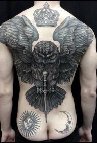 Back mysterious owl with dagger and crown tattoo pattern