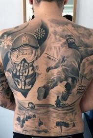 Teljes hátú fekete-szürke stílusú férfi sí- és alpesi tetoválásmintázat
