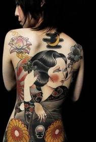 Zréck asiatesch thematesch gemoolt Geisha Blummen Tattoo Muster 73382 - voll zréck riesen asiatesche roude Draach mat bloe Blummen Tattoo Muster