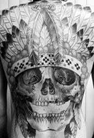 back black ash indian skull with feather helmet tattoo pattern