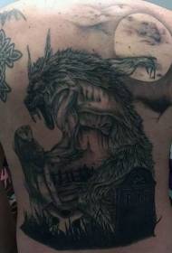 modello di tatuaggio luna e castello lupo mannaro stile incisione posteriore