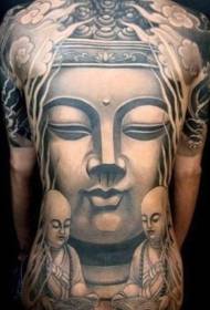 Pilna mugura tumši pelēkā stilā, piemēram, Budas statujas tetovējums
