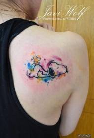 takaisin Snoopy -värinen sarjakuva splash ink -tatuointikuvio