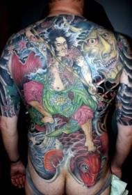 цял гръб в азиатски стил Samurai prajna и татуировка, рисуван с калмари