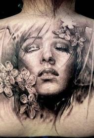 schiena stile realistico nero grigio femmina volto e ali fiore modello tatuaggio