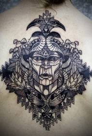 rygg gravering stil svart linje fågel orm och mystiska ansikts tatuering mönster