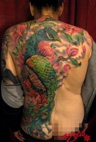 vissza gyönyörű, gyönyörű, színes, nagy páva virág tetoválás mintával