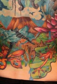 hutan berwarna kembali dengan bunga dan desain tato katak