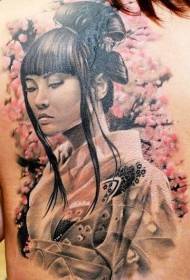 terug realistische kleuren Aziatische geisha portret tattoo patroon