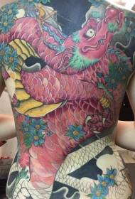 Dragón xigante asiático de espalda completa con patrón de tatuaxe de flores azules