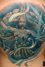 nugaros iliustracijos stiliaus spalvotas Indijos dievo ir kaukolės tatuiruotės modelis