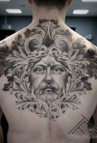 back black ancient man Portrait with leaves tattoo pattern