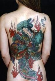 Жіночий задній ефектний барвисті азіатські танці гейші з візерунком татуювання полум'я