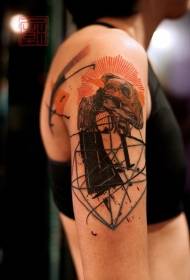 modèle de tatouage élément géométrique squelette gros bras et soleil rouge