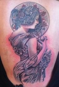 Modello di tatuaggio ritratto di donna colorata incredibile stupefacente posteriore