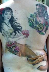 назад ілюстрація стиль кольорової русалки з жіночим портретом татуювання візерунком