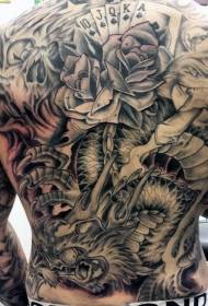 背部日式风格的龙与玫瑰和扑克牌纹身图案