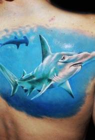 tikroviško stiliaus spalvoto plaktuko ryklio tatuiruotės modelis