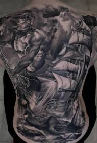 назад чорний сірий вітрильник і морський бог татуювання візерунок