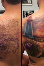 back breathtaking natural lighthouse flower tattoo pattern