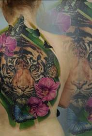 esquena il·lustració tigre i flor de papallona patró de tatuatge pintat