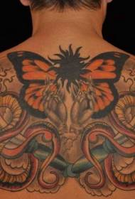 гръб модел на татуировка на змия и пеперуда