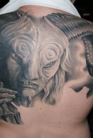 atgal labai baisus juodai pilkas demono portreto tatuiruotės raštas