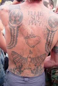 Forma de corazón de coroa traseira e patrón de tatuaje de tótem de paxaro