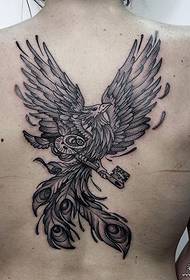женский спина черный серый татуировки феникс