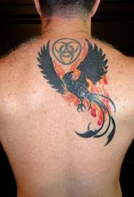 schiena fenice nera e motivo tatuaggio fiamma