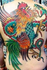 indietro vecchio stile galletto multicolore combattendo il modello del tatuaggio del serpente