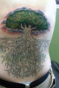 背部绿叶和大树根个性纹身图案