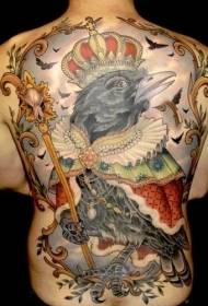 modello di tatuaggio corvo e scettro corona di colore posteriore