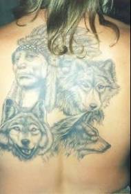 Ritratto di capo indiano con Wolf Head Tattoo Pattern